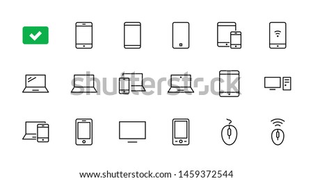 Set of smart devices and gadgets, computer equipment and electronics. Electronic devices icons for web and mobile vector line icon. Editable Stroke. 32x32 pixels. Royalty-Free Stock Photo #1459372544