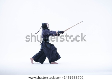 Kendo martial arts fighters in silhouette isolated on white bacground (the japanese script is the name of the fighter ,blank is for the beginners regarding rules ) Royalty-Free Stock Photo #1459388702