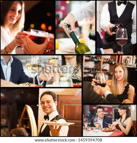 Collage of people eating, drinking and having fun in restaurants