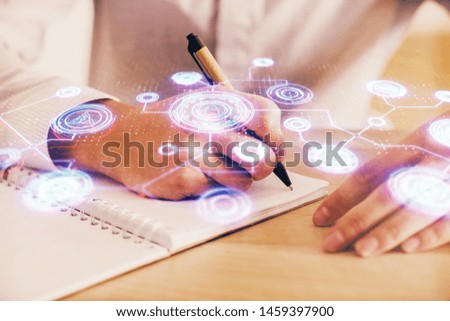 Man's hands working with notes background. Social networking concept.