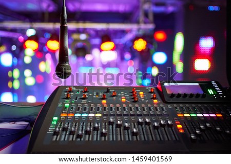 DJ work at a nightclub, Music club party, Concert equipment, a mixer and DJ console. The concept of disco, entertainment, holiday. Soft focus picture