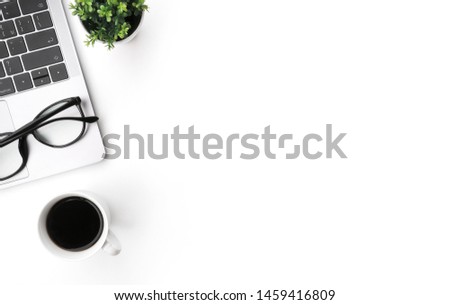 White office table desk with laptop and coffee cup, Work space, flat lay, Top view with copy space