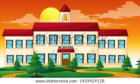 School building sunset scene illustration