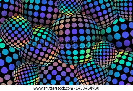 Iridescent multicolor bright 3d spheres pattern. Gradient blue green yellow red mosaic background. Creative balls dynamic illustration. Modern trendy wallpaper.