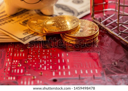 Dollar,Bitcoin with circuit board microchips  virtual cryptocurrency Mining golden  blockchain technology money concept