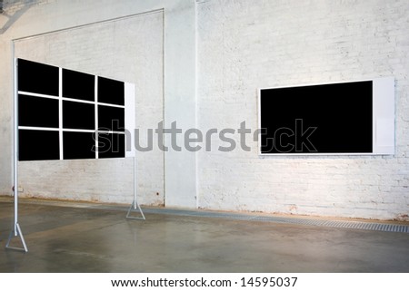 Two empty black large banners on exposition