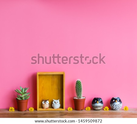 Beautiful  cactus,wooden  shelf  and  simulated  owl  on  wood  table  with  pink  background