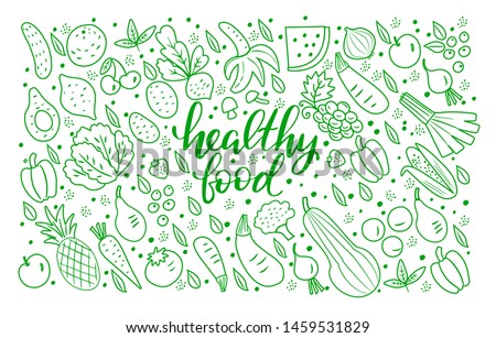 Fruits and vegetables flat hand drawn icons isolated on white background. Healthy food. Vector set for your design.