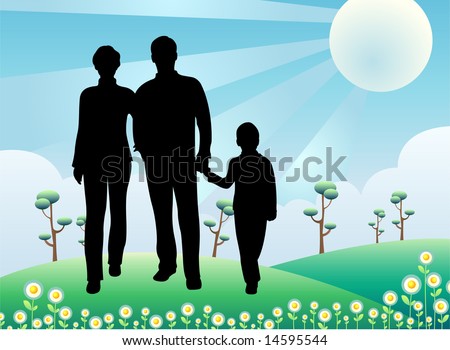 silhouette family sunny day vector