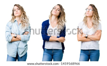 Collage of young beautiful blonde girl over isolated background skeptic and nervous, disapproving expression on face with crossed arms. Negative person.