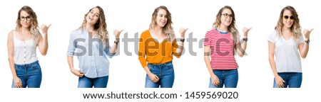 Collage of young beautiful blonde girl over isolated background smiling with happy face looking and pointing to the side with thumb up.