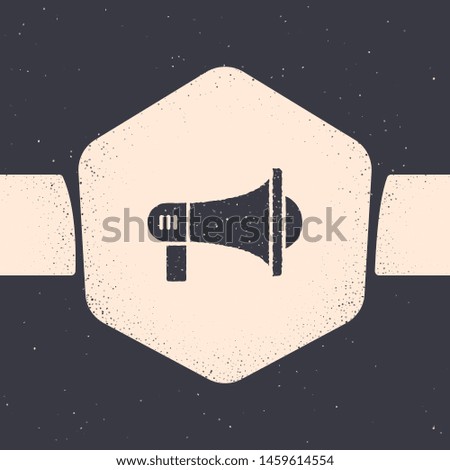 Grunge Megaphone icon isolated on grey background. Loud speach alert concept. Bullhorn for Mouthpiece scream promotion. Monochrome vintage drawing. Vector Illustration