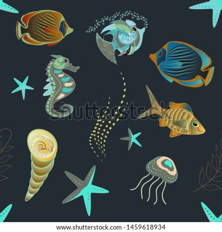 Abstract template. Seamless sea travel pattern, underwater diving animal - tropical green, blue and gray fish. Elegant modern style cute marine with green, blue and gray fishes.