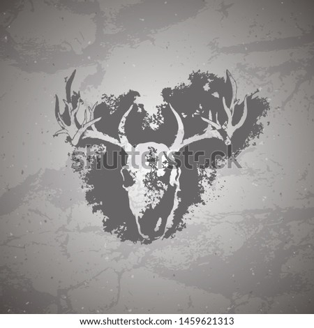 Vector illustration of hand drawn skulls deer and grunge elements on vintage background. Sketch in dark color. For you design, print, tattoo or magic craft.