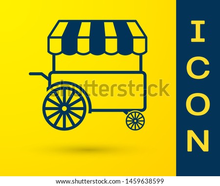 Blue Fast street food cart with awning icon isolated on yellow background. Urban kiosk. Vector Illustration