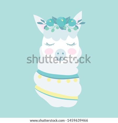 A cute llama with closed eyes and a wreath of flowers on her head.