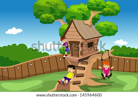 A vector illustration of kids playing in a tree house