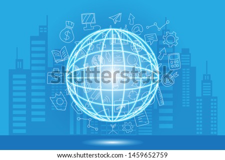  globe icon social and icon city background concept internet and social network .flat design vector illustration