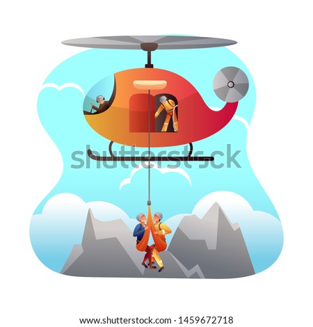 Mountain rescue service flat vector illustration. Paramedics, chopper pilot and injured climber cartoon characters. Alpine Rescuers team, search group help mountaineer in trouble. Emergency assistance