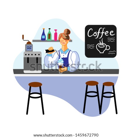 Barista making coffee flat vector illustration. Young cheerful woman in apron standing behind counter character. Smiling cafeteria employee holding cup. Catering service, beverage sale business