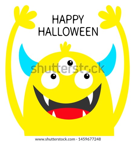 Happy Halloween. Monster head yellow silhouette. Three eyes, teeth fang, horns, hands up. Cute kawaii cartoon funny character. Baby kids collection. Flat design. White background. Isolated. Vector