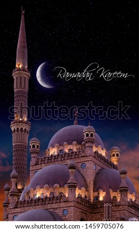 Islamic background with The Al Sahaba Mosque in Sharm El Sheikh against ramadan starry night t sky and crescent moon. Fragment