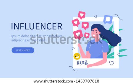 Social media  influencer at work.  Flat  vector illustration isolated on white background. Royalty-Free Stock Photo #1459707818