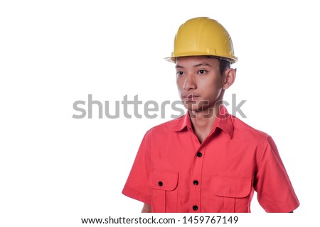 Portrait of worker wearing safety jacket. Isolated on white bcakground