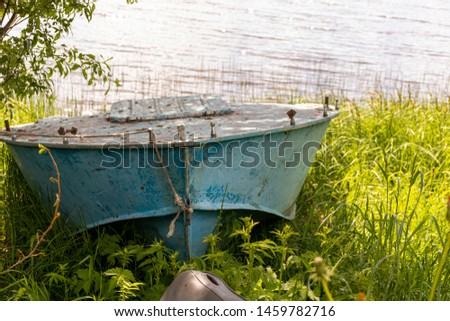 Blue boat on the lake in the green grass