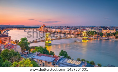 Budapest, Hungary. Aerial cityscape image of Budapest panorama with Chain Bridge and parliament building during summer sunset.	 Royalty-Free Stock Photo #1459804331