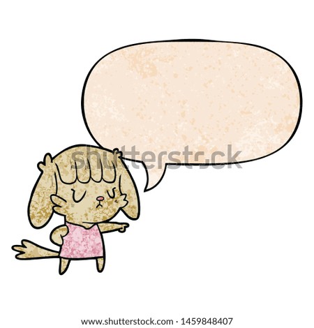 cartoon dog girl pointing with speech bubble in retro texture style