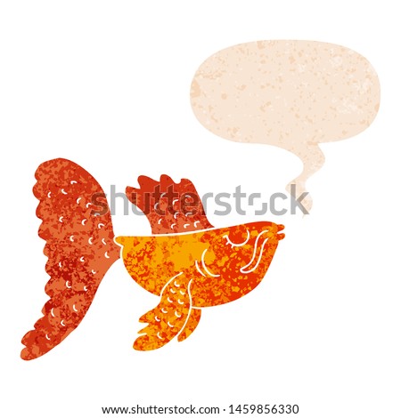 cartoon chinese fighting fish with speech bubble in grunge distressed retro textured style