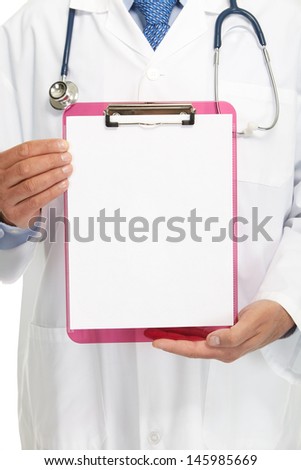 Doctor showing blank clipboard to write it on your personal message or advice