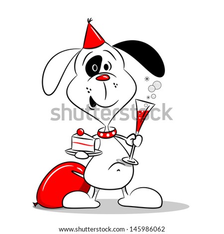 A cartoon dog at a birthday party with cake and drink