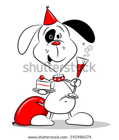 A cartoon dog at a birthday party with cake and drink