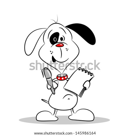 Cartoon dog with notebook and pen on a white background