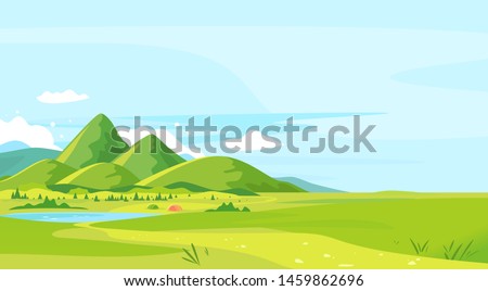 Tourist trails in the beautiful green mountains in sunny day with camping near small lake, hiking travel concept illustration background, top of the hill, conquer the top of the mountains Royalty-Free Stock Photo #1459862696