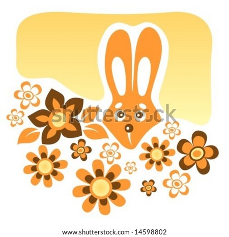 Cartoon rabbit with flowers on a yellow background.