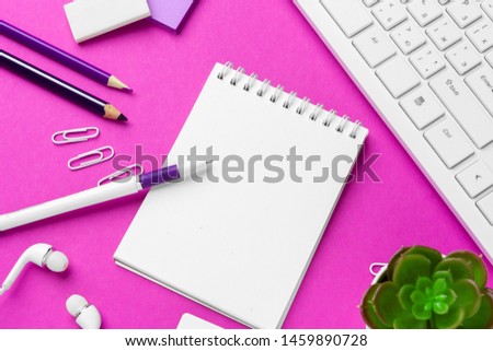 School stationery on a pink background. Back to school creative supplies