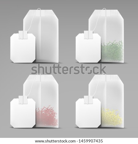 Tea bags set isolated on grey background, teabags collection of blank mockup, green, red, yellow dry herbs in packages, organic healthy beverage advertising mock up. Realistic 3d vector illustration