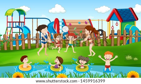 Active kids playing in outdoor scene illustration