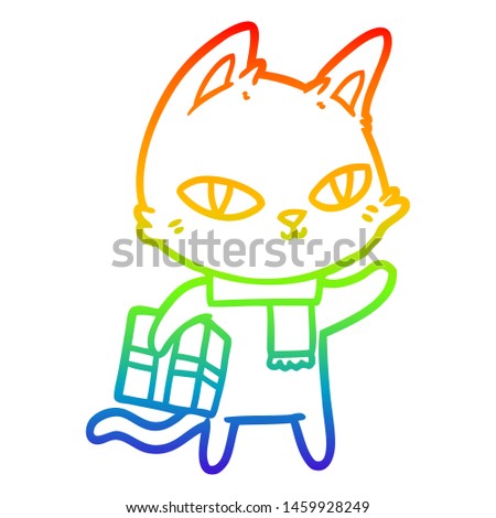 rainbow gradient line drawing of a cartoon cat with gift
