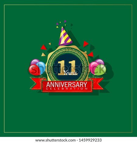 11 years anniversary - modern design celebrating. years anniversary celebration simple logo. ribbon,balloon, gold emblem