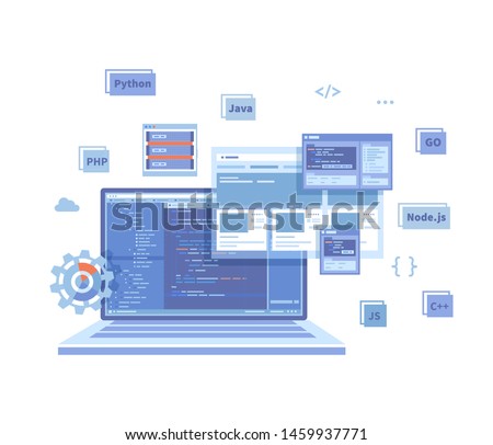 Backend Development, Coding, Software  Engineering, Programming languages. Program code on laptop screen, website template. Technology concept. Vector illustration on white background
