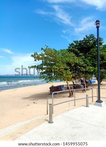 Outdoor patio and lamppost with beautiful beach and sea almond tree