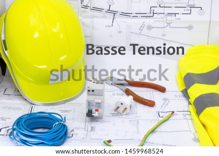 Low Voltage Graphic Resource with Home Plan Safety Equipment and Electrical Equipment for Low Voltage Electricians (basse tension is low voltage written in French)
