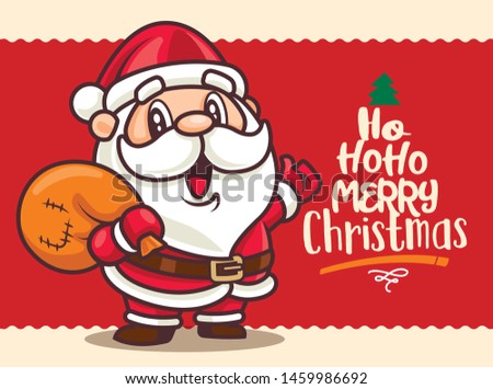 Santa Claus with big signboard. Merry Christmas lettering greeting card  - Vector