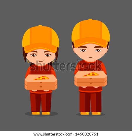 Pizza delivery woman and man. Little cartoon girl and boy in uniform holding pizza boxes. Kawaii cartoon characters. Vector flat illustration.