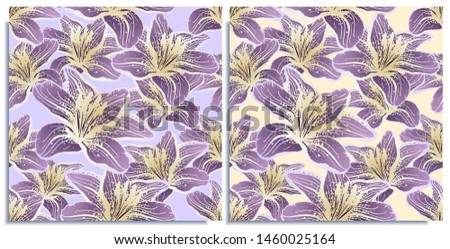 Vector set of seamless patterns with wonderful colorful hibiscus, hand-drawn in graphic and real-style at the same time. Delicate colors: pink, purple, yellow. Looks vintage, beautiful, holiday decor