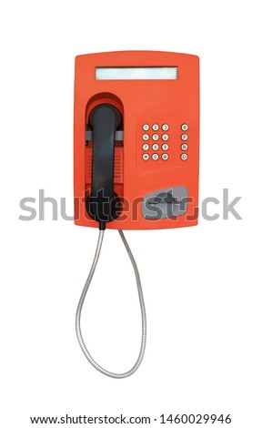 Red vintage payphone for phone cards isolated on white background Royalty-Free Stock Photo #1460029946